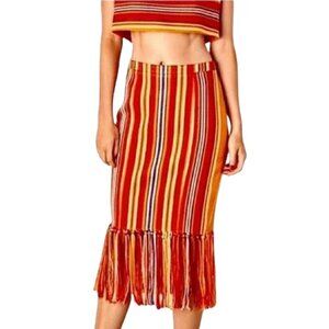 Pink Tartan striped pencil skirt with long fringe, rare